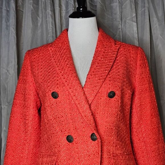 LOFT Rapture Red Coral Trendy Career Professional  Double Breasted Tweed Blazer - Picture 4 of 13